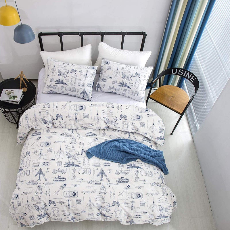 KAREVER Aircraft Comforter Set Full Boys White Cartoon Bedding Set Alternative Comforters Airplane Car Tank Printed White Bedding Blanket Full for Children Teen Boy with Microfiber Inner Insert - Image 2